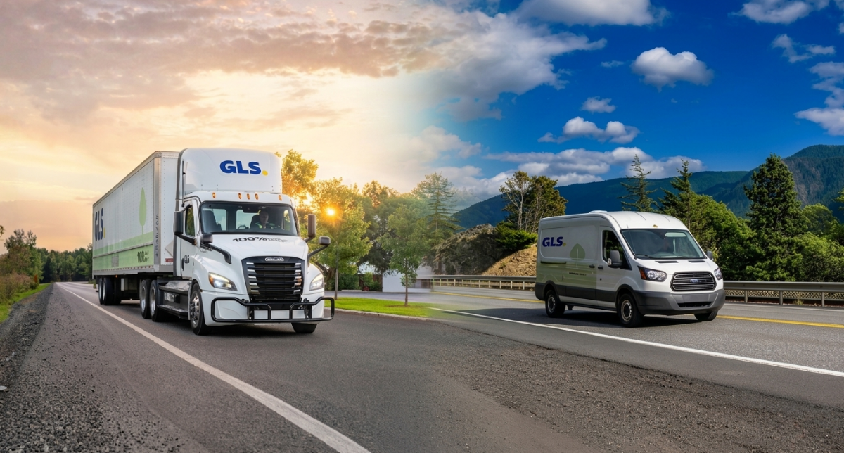 Image of an electric freight truck driving down a road merging with image of an electric parcel van driving down a road.