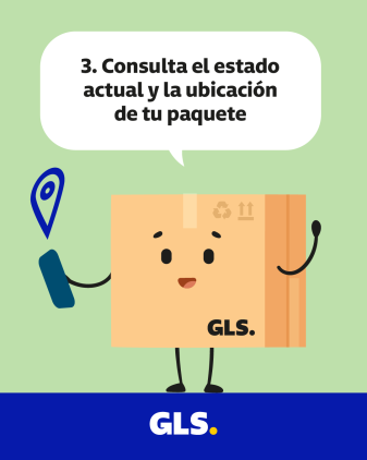 Ilustración de paquete GLS con móvil y marcador de ubicación indicando cómo consultar el estado actual y la localización de un envío.