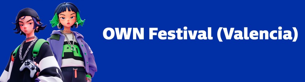 Ilustración de dos personajes estilo gaming en el OWN Festival de Valencia sobre fondo azul corporativo