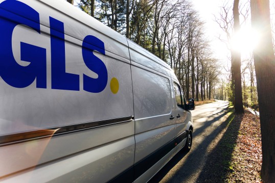 Chauffeur GLS France livre avant 13h immeuble porte en verre