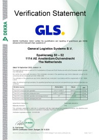 Certificat de vérification ISO 14083 2024 GLS délivré par DEKRA