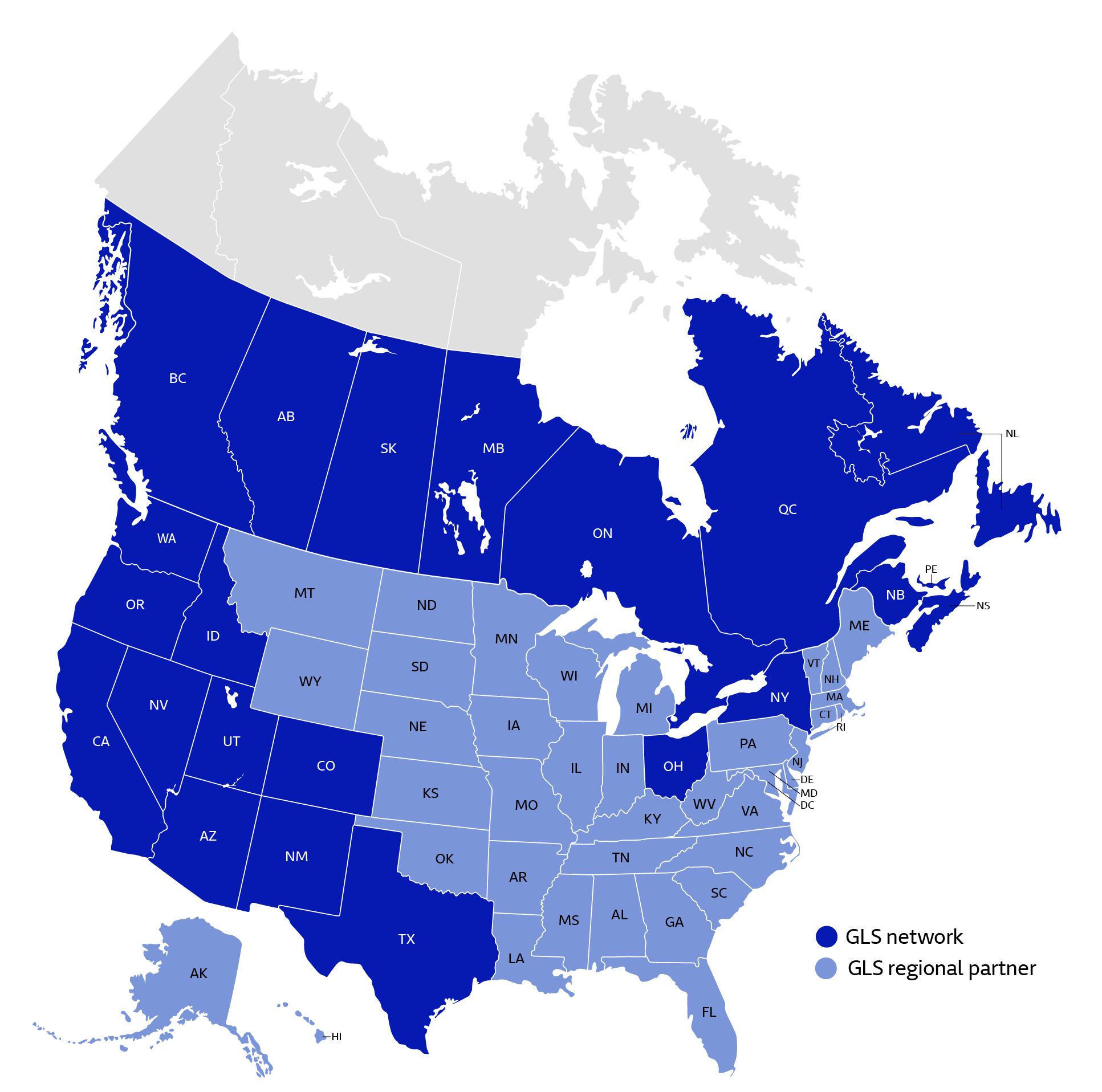 Map of North America showing GLS network and partner network coverage, indicated by different shaded areas.
